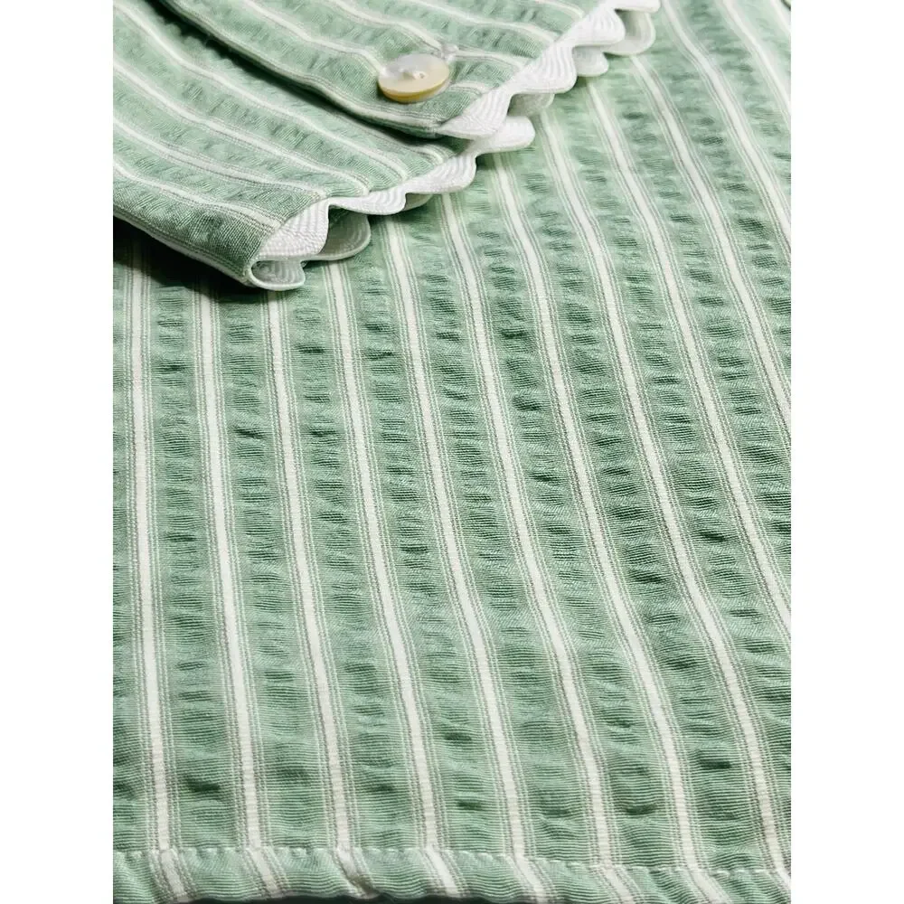 Entro sage green striped blouse L scalloped collar button front cotton blend - Picture 11 of 15